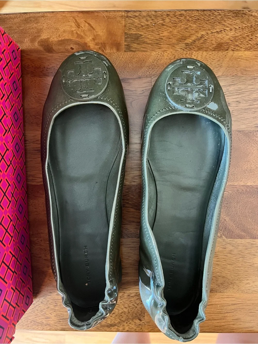 Tory Burch Olive Green Patent Reva Logo Ballet Flats
